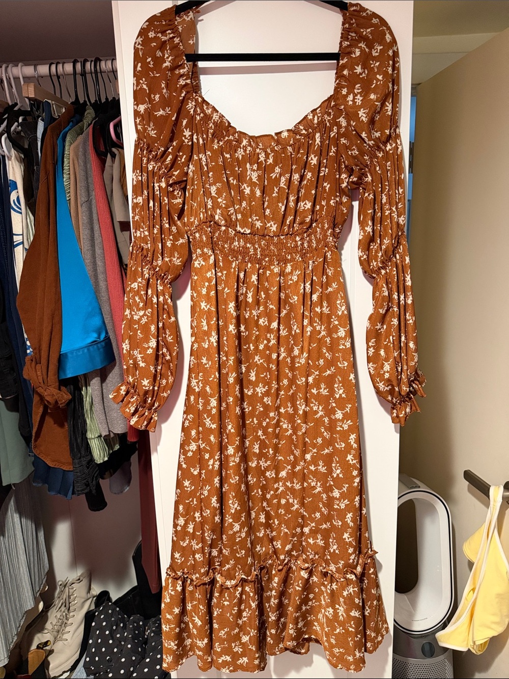 Astr Rust Floral Square-Neck Midi Dress with Puff Sleeves